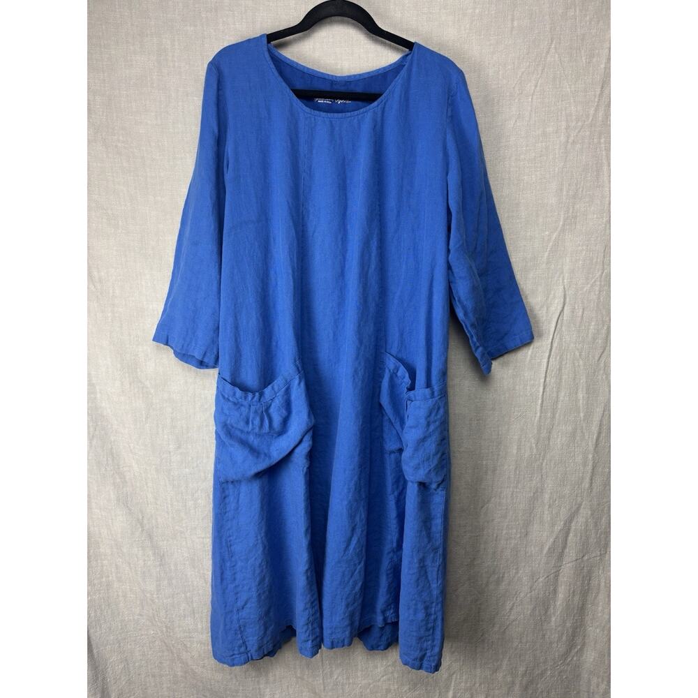 Gudrun Sjoden Size L 100% Linen Cornflower Blue Slouchy Dress Pleated Pockets